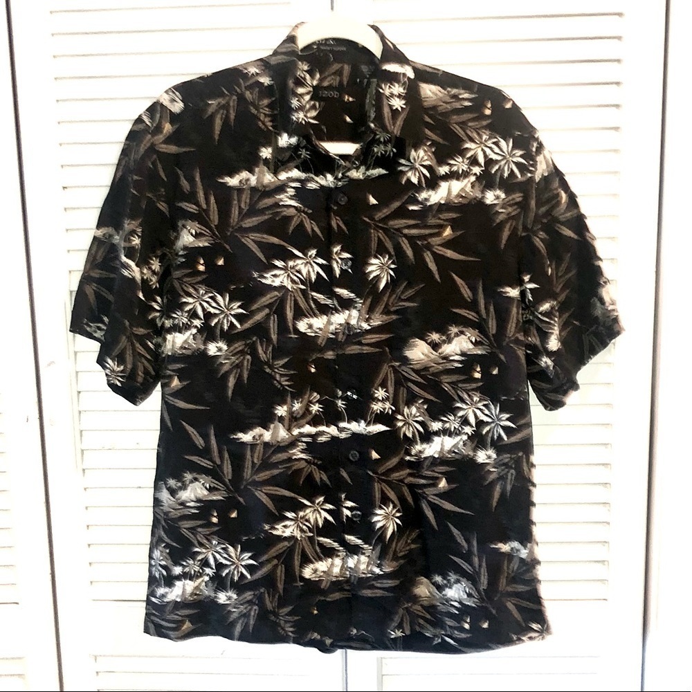 IZOD Men’s 100% Silk Tropical short sleeve button down Shirt black Small